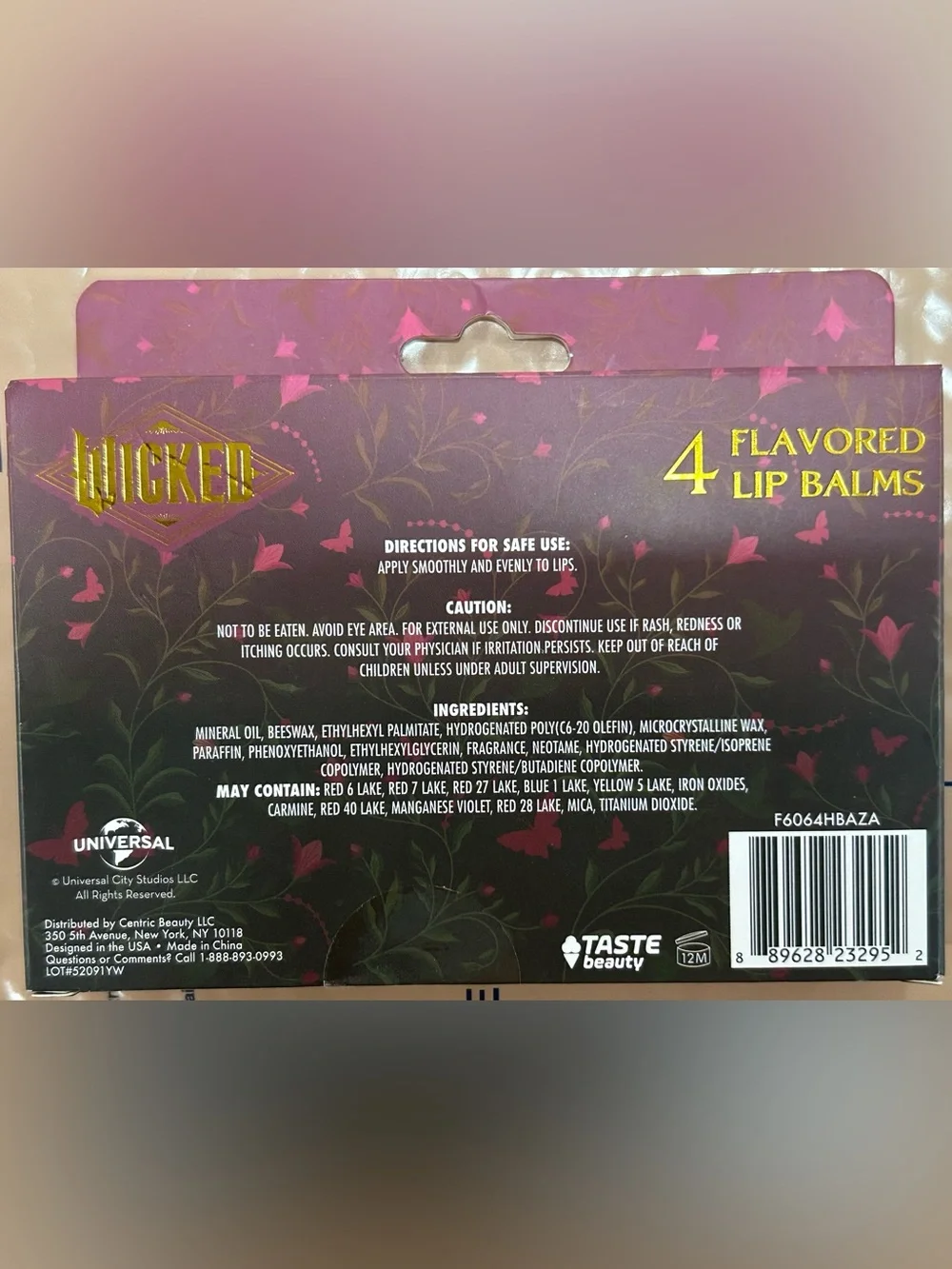 Wicked 4 Lip Balm Set. TASTE BEAUTY. 2 Glinda, 2 Elphaba. NWT. Universal Stud.